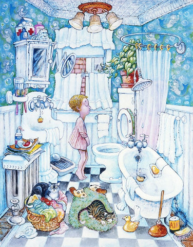 Bathroom Boy White Modern Wood Framed Art Print with Double Matting by Bell, Bill