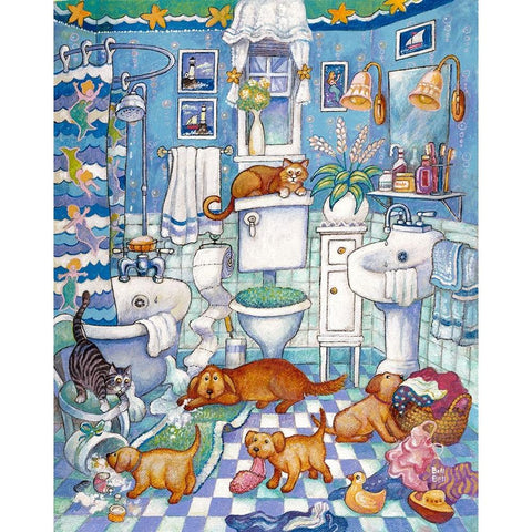 Bathroom Pups White Modern Wood Framed Art Print by Bell, Bill