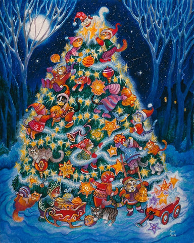 Christmas Cats Black Ornate Wood Framed Art Print with Double Matting by Bell, Bill