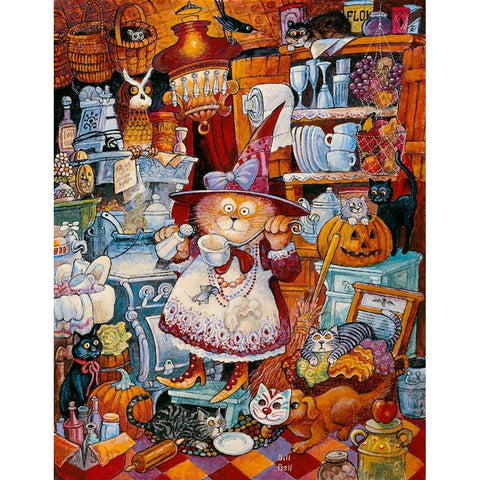 Kitty Kitchen Witch 2 White Modern Wood Framed Art Print by Bell, Bill