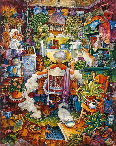 The Sewing Lady White Modern Wood Framed Art Print with Double Matting by Bell, Bill