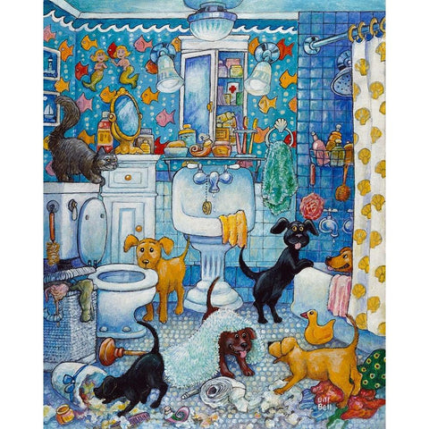 More Bathroom Pups White Modern Wood Framed Art Print by Bell, Bill