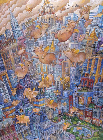 Them Flyin Pigs White Modern Wood Framed Art Print with Double Matting by Bell, Bill