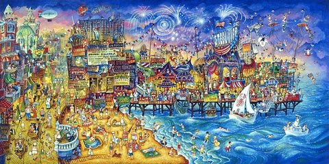 Fireworks Over Steel Pier Black Ornate Wood Framed Art Print with Double Matting by Bell, Bill