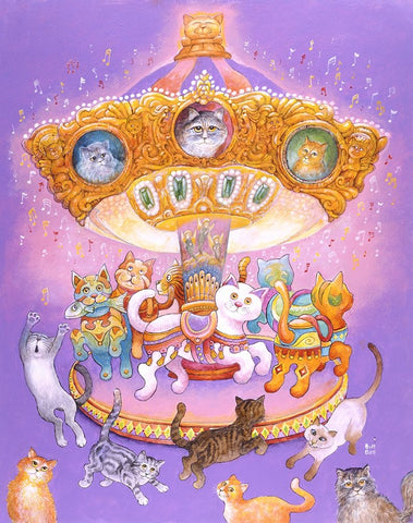 Cat Carousel White Modern Wood Framed Art Print with Double Matting by Bell, Bill
