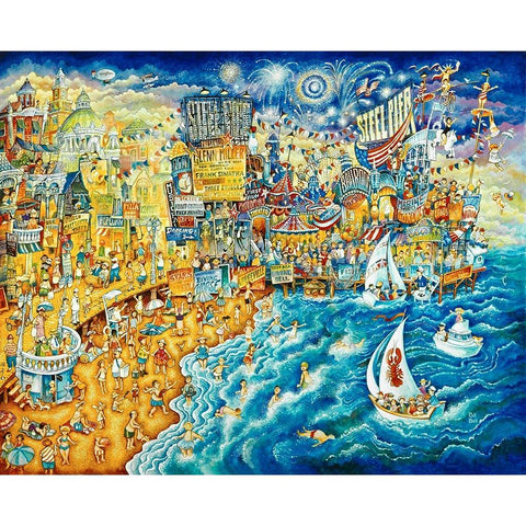 Steel Pier Night And Day White Modern Wood Framed Art Print by Bell, Bill