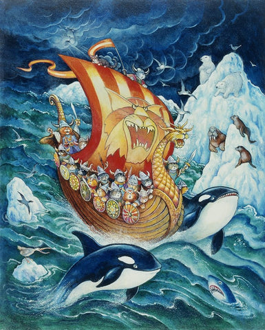 Viking Cats White Modern Wood Framed Art Print with Double Matting by Bell, Bill