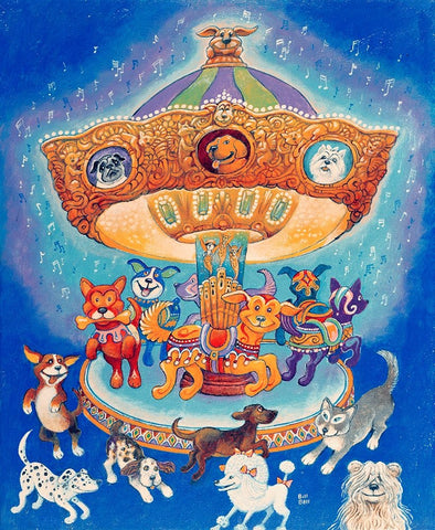 Doggie-Go-Round White Modern Wood Framed Art Print with Double Matting by Bell, Bill