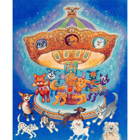 Doggie-Go-Round Gold Ornate Wood Framed Art Print with Double Matting by Bell, Bill
