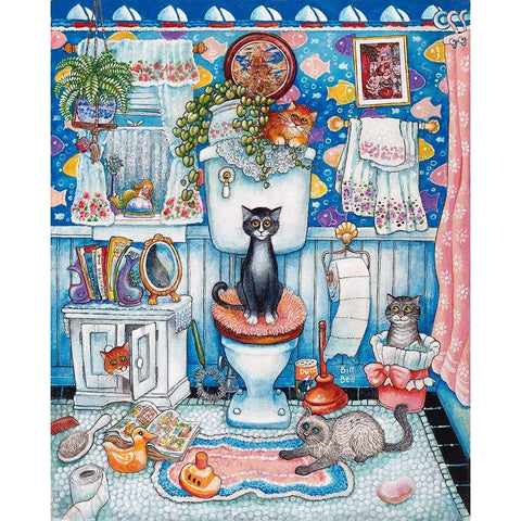 Bathroom Cats White Modern Wood Framed Art Print by Bell, Bill