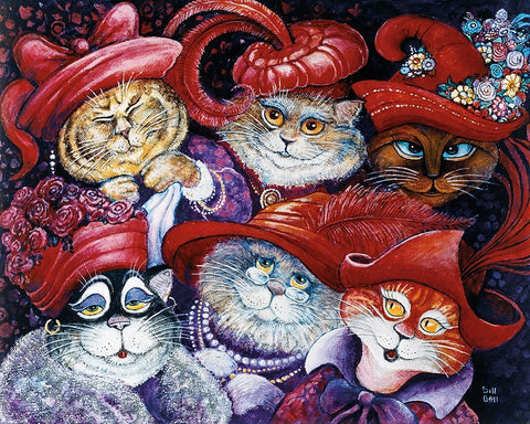 Red Hat Cats White Modern Wood Framed Art Print with Double Matting by Bell, Bill