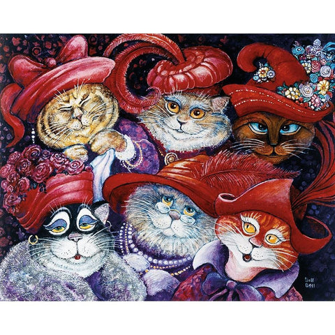 Red Hat Cats White Modern Wood Framed Art Print by Bell, Bill