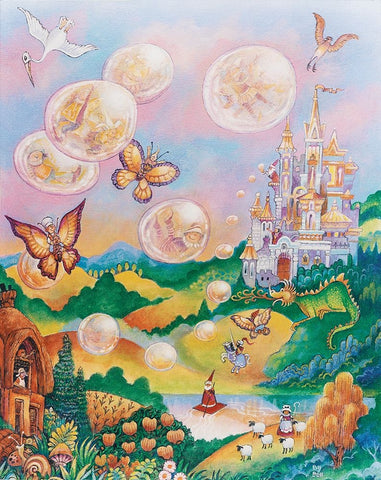 The Bubble Fairies Black Ornate Wood Framed Art Print with Double Matting by Bell, Bill
