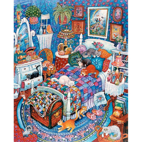 Blue Bedroom Cats Black Modern Wood Framed Art Print with Double Matting by Bell, Bill
