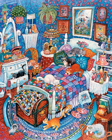 Blue Bedroom Cats Black Ornate Wood Framed Art Print with Double Matting by Bell, Bill