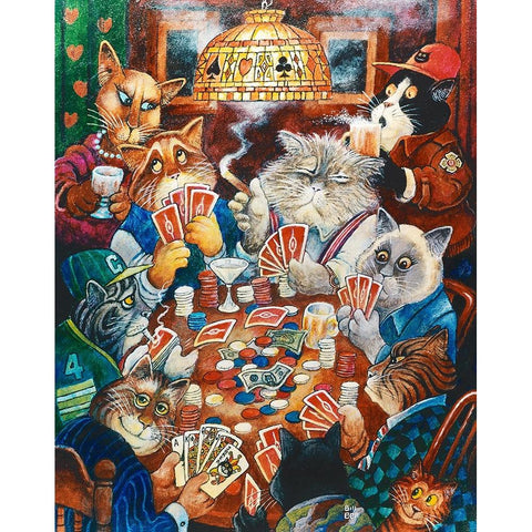 Poker Cats White Modern Wood Framed Art Print by Bell, Bill