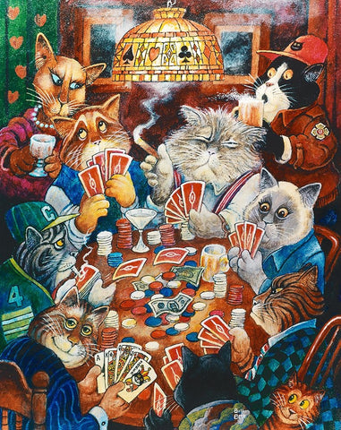 Poker Cats Black Ornate Wood Framed Art Print with Double Matting by Bell, Bill