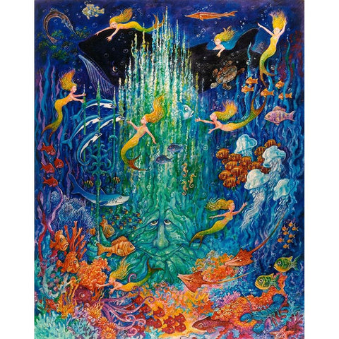 Neptune And The Mermaids Black Modern Wood Framed Art Print by Bell, Bill