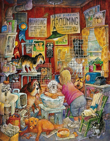 Blue Ribbon Groomer White Modern Wood Framed Art Print with Double Matting by Bell, Bill