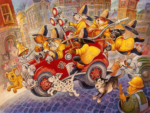 Hot Dog Firefighters White Modern Wood Framed Art Print with Double Matting by Bell, Bill