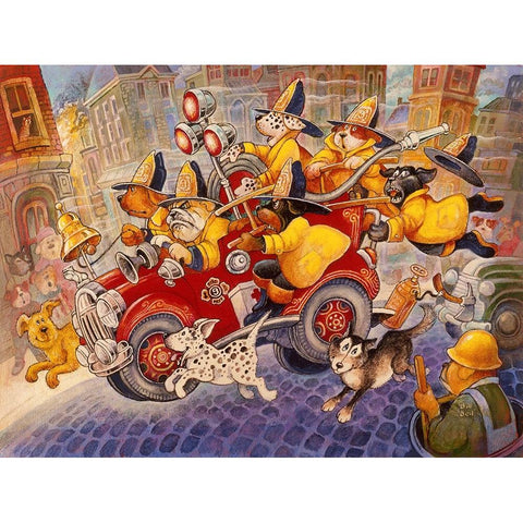 Hot Dog Firefighters Black Modern Wood Framed Art Print with Double Matting by Bell, Bill