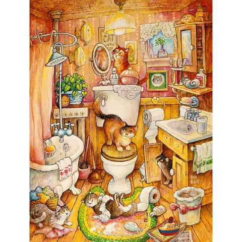 More Bathroom Cats Black Modern Wood Framed Art Print with Double Matting by Bell, Bill