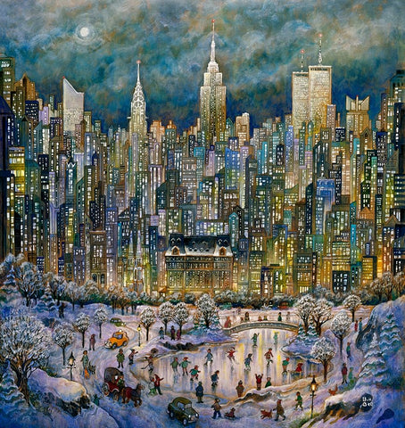 Snowtime In New York Black Ornate Wood Framed Art Print with Double Matting by Bell, Bill