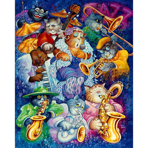 Jazz Cats Black Modern Wood Framed Art Print with Double Matting by Bell, Bill