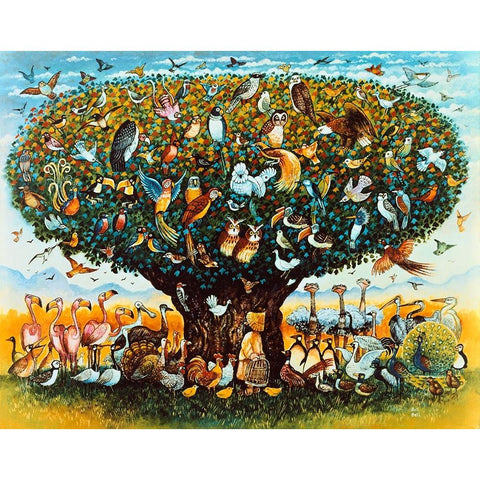 Noah And The Birds White Modern Wood Framed Art Print by Bell, Bill