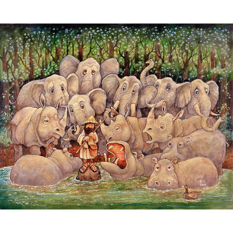 Noah - Elephants-Rhinos-Hippos White Modern Wood Framed Art Print by Bell, Bill