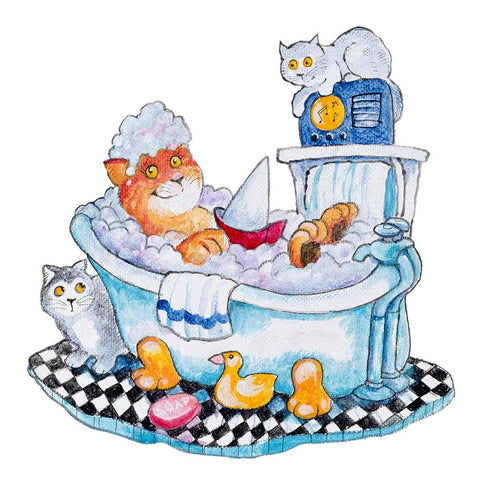 Bubble Bath Cat Black Ornate Wood Framed Art Print with Double Matting by Bell, Bill