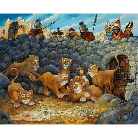 Daniel In Lions Den White Modern Wood Framed Art Print by Bell, Bill