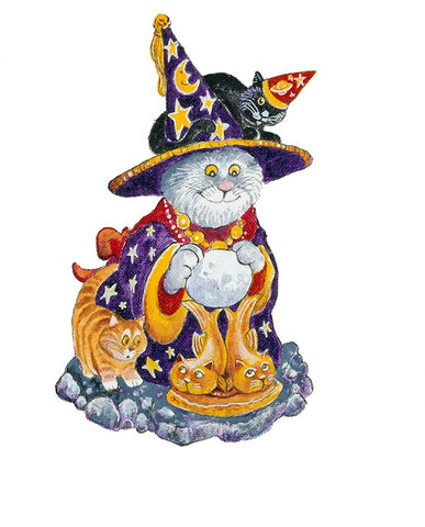 Witch Cat White Modern Wood Framed Art Print with Double Matting by Bell, Bill