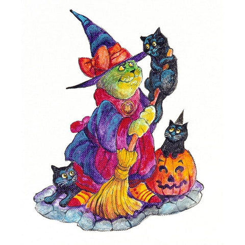 Witchcat With Broom White Modern Wood Framed Art Print by Bell, Bill