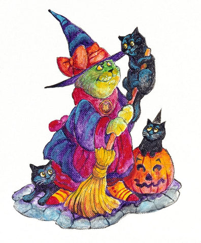 Witchcat With Broom Black Ornate Wood Framed Art Print with Double Matting by Bell, Bill