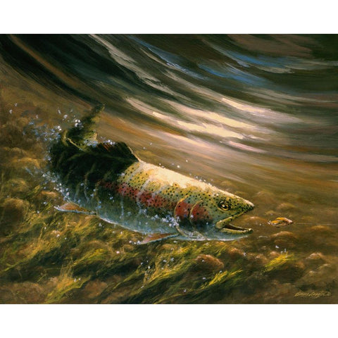 The Chase - Rainbow Trout Gold Ornate Wood Framed Art Print with Double Matting by Langton, Bruce