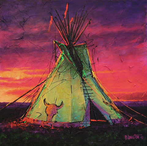 Sunset Tipi Black Ornate Wood Framed Art Print with Double Matting by Langton, Bruce