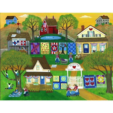 Old Tyme Barn Folk Art Quilts White Modern Wood Framed Art Print by Bartley, Cheryl