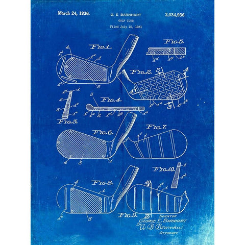 PP4-Faded Blueprint Golf Club Faces Patent Poster White Modern Wood Framed Art Print by Borders, Cole