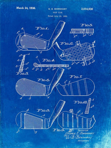 PP4-Faded Blueprint Golf Club Faces Patent Poster White Modern Wood Framed Art Print with Double Matting by Borders, Cole