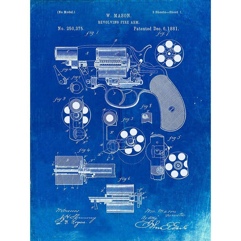 PP5-Faded Blueprint Colt M1889 Revolver Poster White Modern Wood Framed Art Print by Borders, Cole