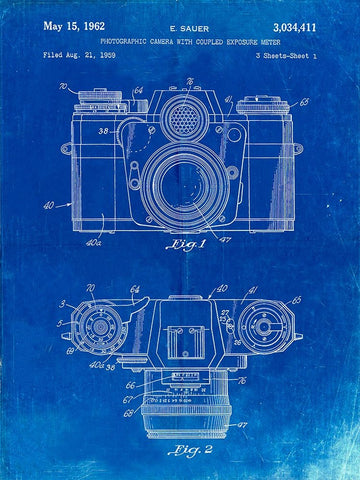 PP6-Faded Blueprint Zeiss Ikon Contarex Camera Patent Poster White Modern Wood Framed Art Print with Double Matting by Borders, Cole