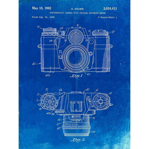 PP6-Faded Blueprint Zeiss Ikon Contarex Camera Patent Poster White Modern Wood Framed Art Print by Borders, Cole