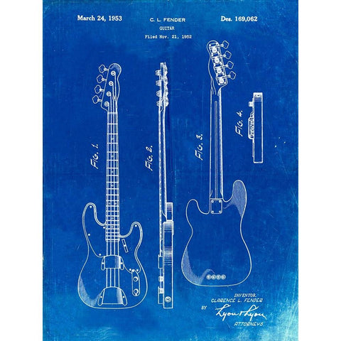 PP8-Faded Blueprint Fender Precision Bass Guitar Patent Poster Gold Ornate Wood Framed Art Print with Double Matting by Borders, Cole