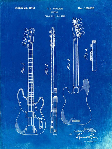 PP8-Faded Blueprint Fender Precision Bass Guitar Patent Poster White Modern Wood Framed Art Print with Double Matting by Borders, Cole