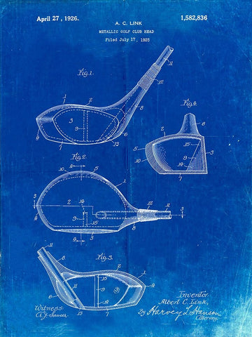 PP9-Faded Blueprint Golf Driver 1925 Patent Poster White Modern Wood Framed Art Print with Double Matting by Borders, Cole