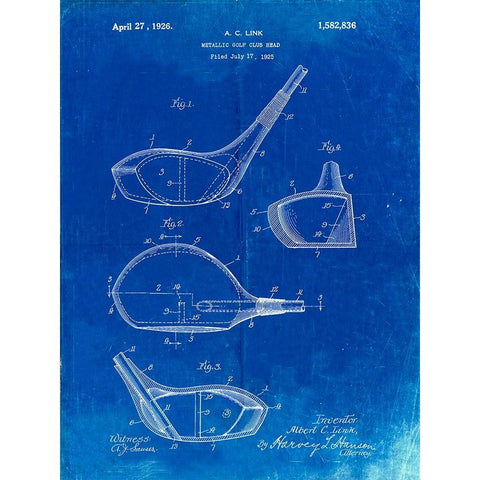 PP9-Faded Blueprint Golf Driver 1925 Patent Poster Gold Ornate Wood Framed Art Print with Double Matting by Borders, Cole