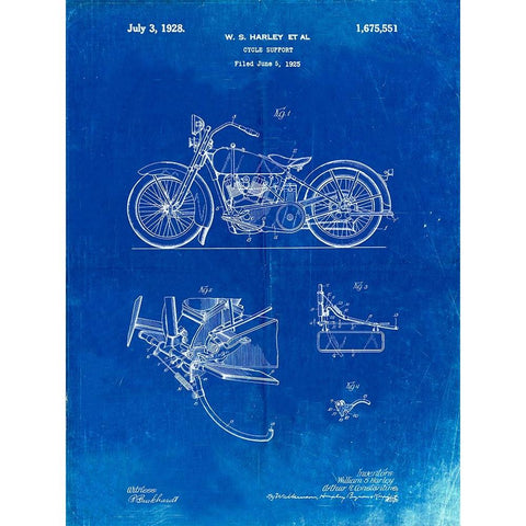 PP10-Faded Blueprint Harley Davidson Model JD Patent Poster White Modern Wood Framed Art Print by Borders, Cole