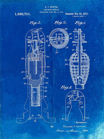 PP12-Faded Blueprint Explosive Missile Patent Poster Black Ornate Wood Framed Art Print with Double Matting by Borders, Cole