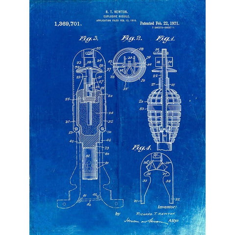 PP12-Faded Blueprint Explosive Missile Patent Poster Gold Ornate Wood Framed Art Print with Double Matting by Borders, Cole